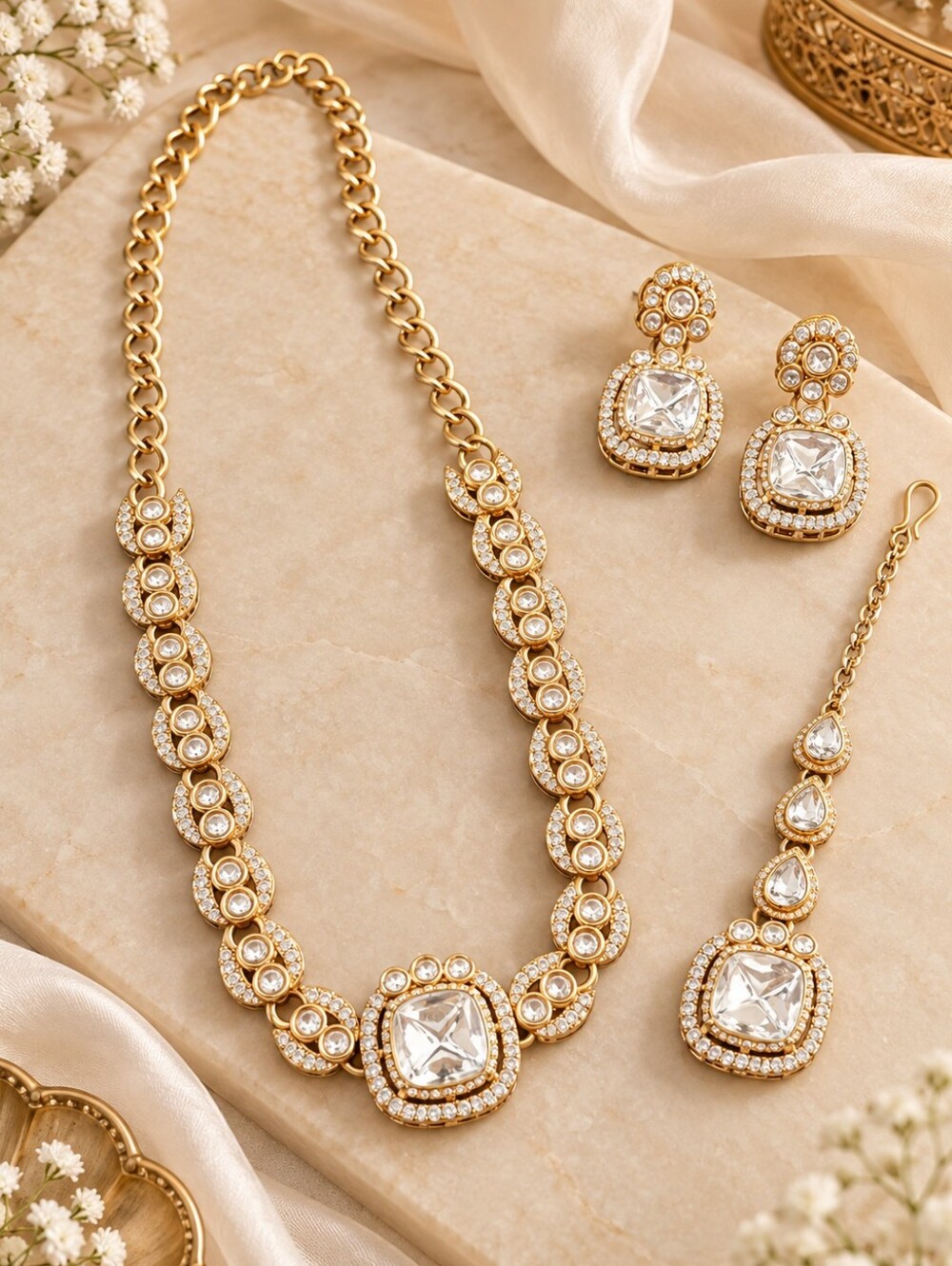 Polki Necklace Set with Earrings & Maang Tikka | Indian Jewelry